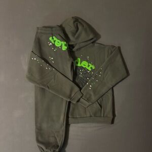 Black and green Sp5der Graphic Hoodie and Sweatpants Set